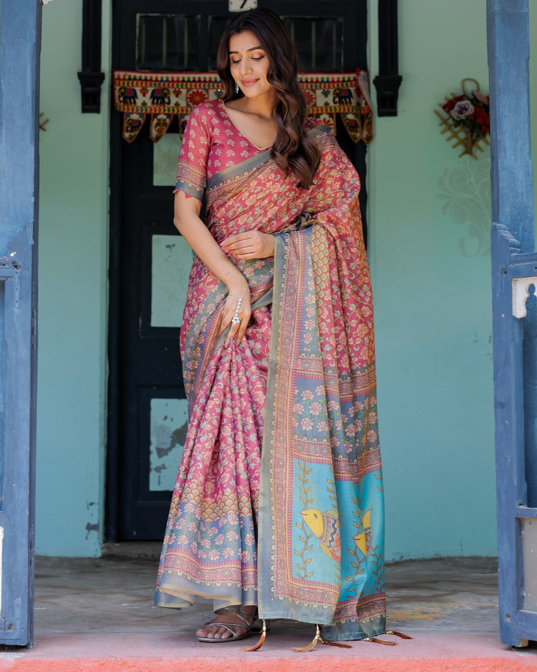 Multi Color Kalamkari Digital Printed Linen Cotton Saree | Summer Casual & Ethnic Wear – JaipurSaaj
