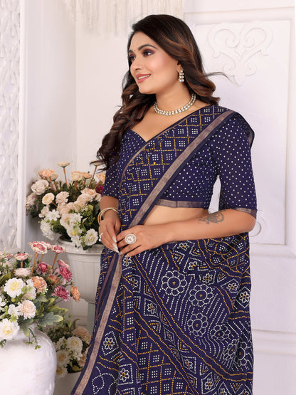 Navy Blue Bandhej Printed Soft Cotton Saree With Zari Border | Traditional Festive Ethnic Wear – JaipurSaaj