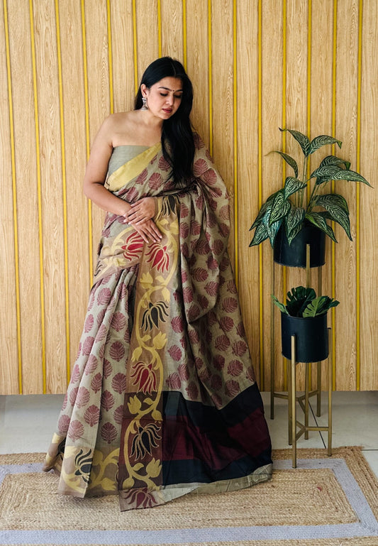 Cream Soft Cotton Saree With Jacquard Border