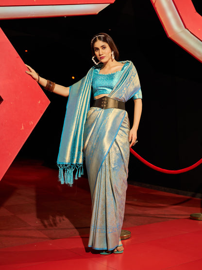 Sky Blue Soft Silk Saree With Zari Weaving Work | Reception & Festive Wear – JaipurSaaj