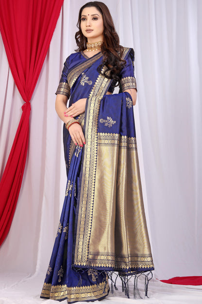 Navy Blue Banarasi Silk Saree With Zari Weaving Work | Bridal Wedding Wear – JaipurSaaj