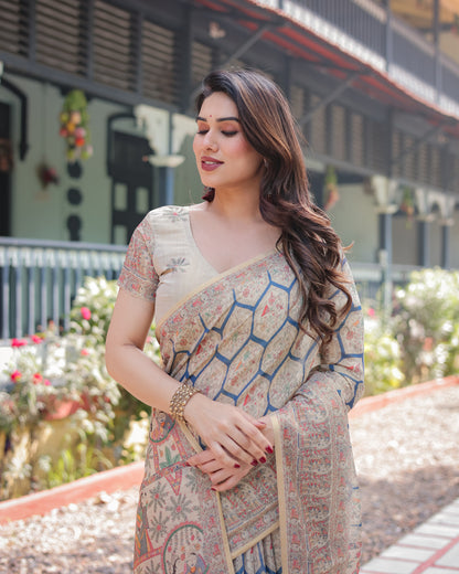 Beige Soft Linen Cotton Saree With Kalamkari Digital Printed Work