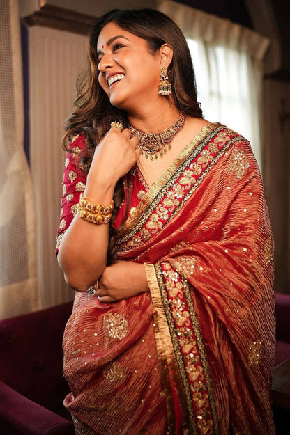 Red Crush Banarasi Silk Saree With Embroidery Work Lace Border | Bridal Wedding Wear – JaipurSaaj