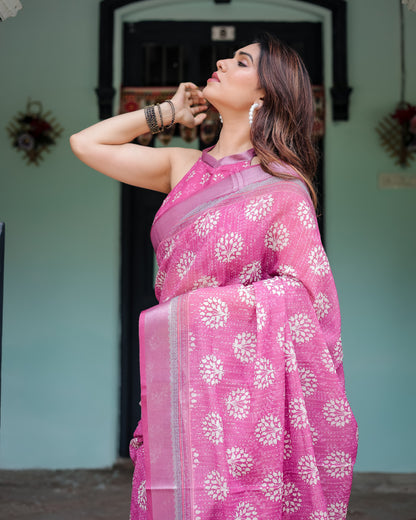 Pink Summer Special Digital Printed Linen Cotton Saree