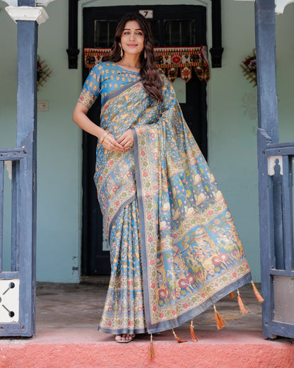 Multi Color Kalamkari Digital Printed Linen Cotton Saree | Summer Casual & Ethnic Wear – JaipurSaaj