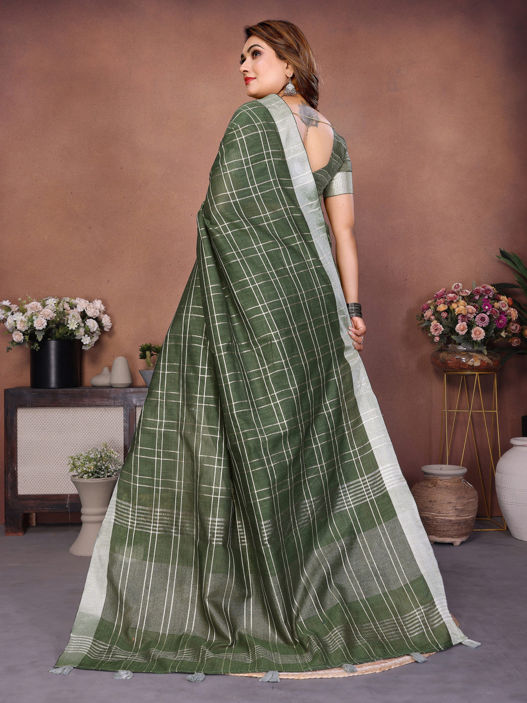 Green Linen Cotton Saree With Silver Zari Border