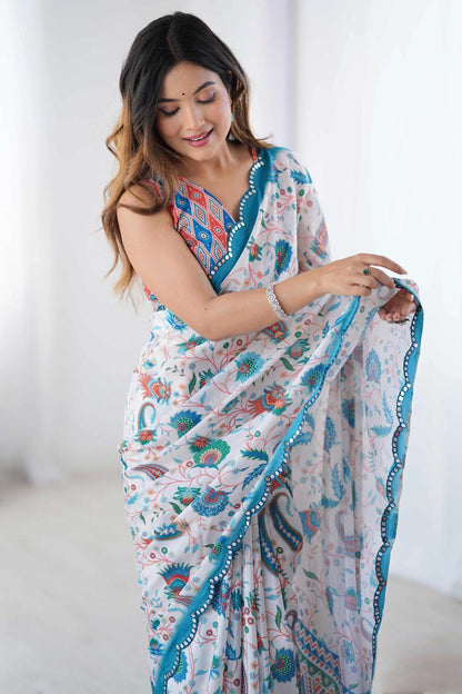 White Georgette Saree With Printed And Mirror Work With Arco Border