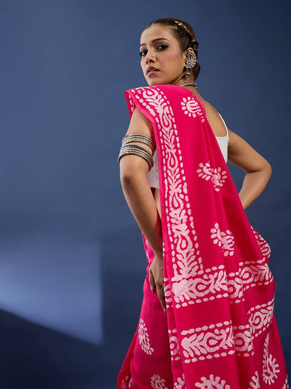 Pink Soft Pure Cotton Silk Saree With Hand Batik Print Work | Casual & Ethnic Wear – JaipurSaaj