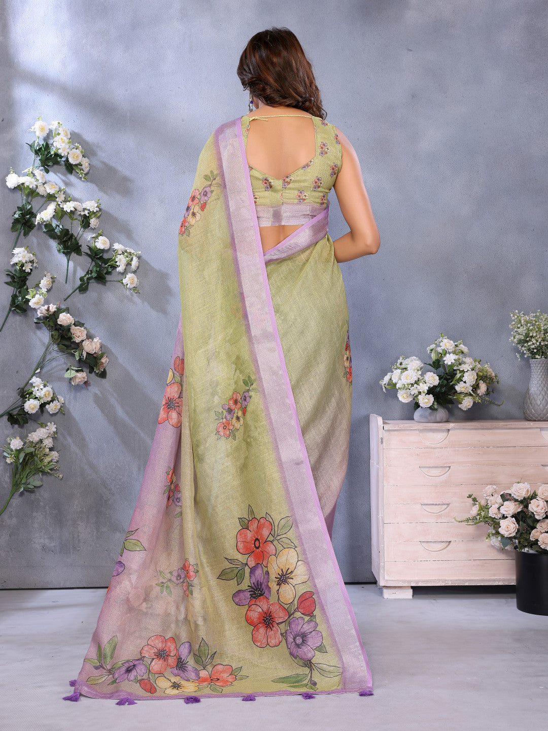 Multi Linen Cotton Saree With Digital Printed Work And Silver Zari Border