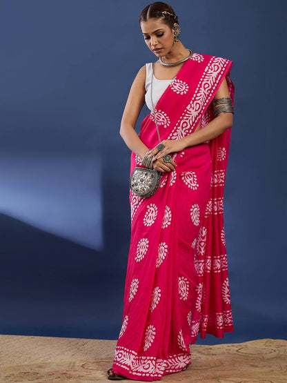 Pink Soft Pure Cotton Silk Saree With Hand Batik Print Work | Casual & Ethnic Wear – JaipurSaaj