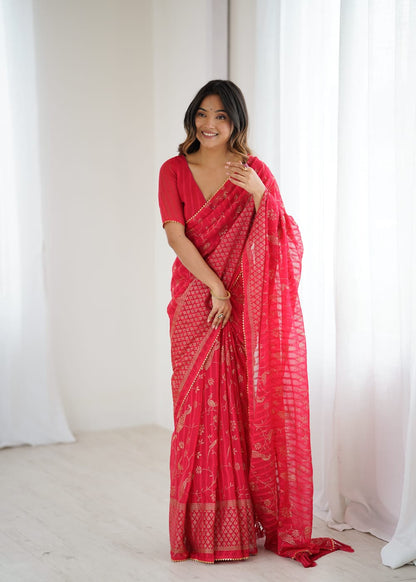 Pink Color Georgette Saree With Digital Printed Work And Lace Border