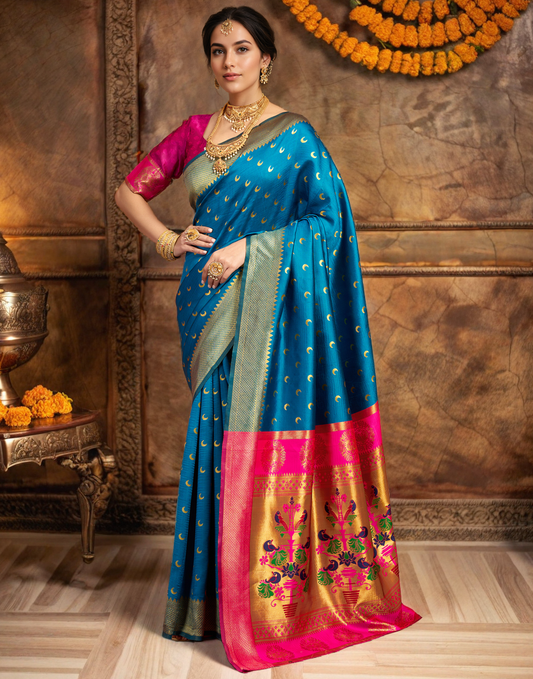 Traditional Morpeach Chand Design Paithani Silk Saree With Zari Weaving Work