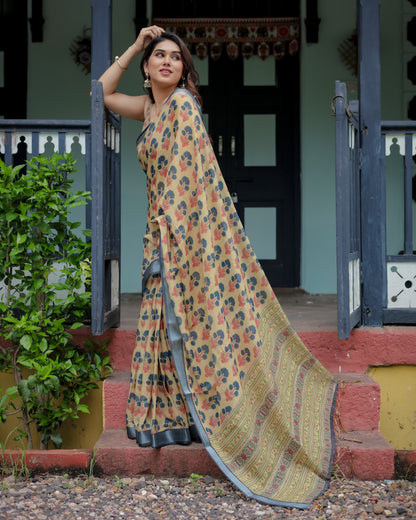 Multi Floral Digital Printed Linen Cotton Saree