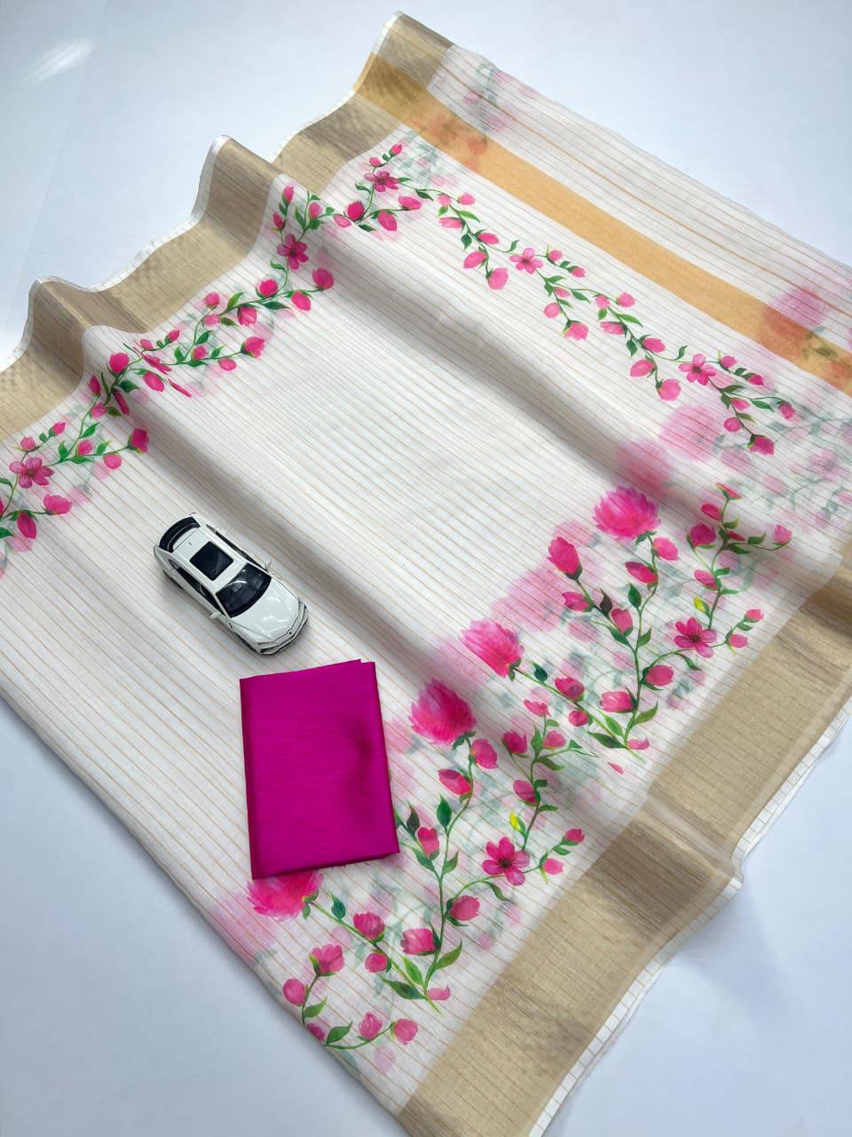 White Plain Mix Linen Cotton Saree With Digital Printed Work