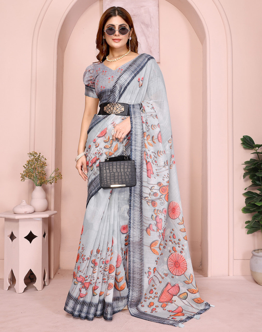 Multi Linen Cotton Saree With Digital Printed Work And Silver Zari Border