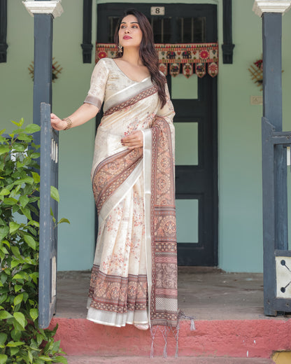 Off White Soft Linen Cotton Saree With Digital Printed Work
