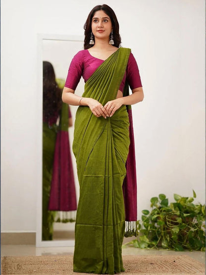 Mahendi Green Color Plain Khadi Cotton Saree With Fancy Tassel Work