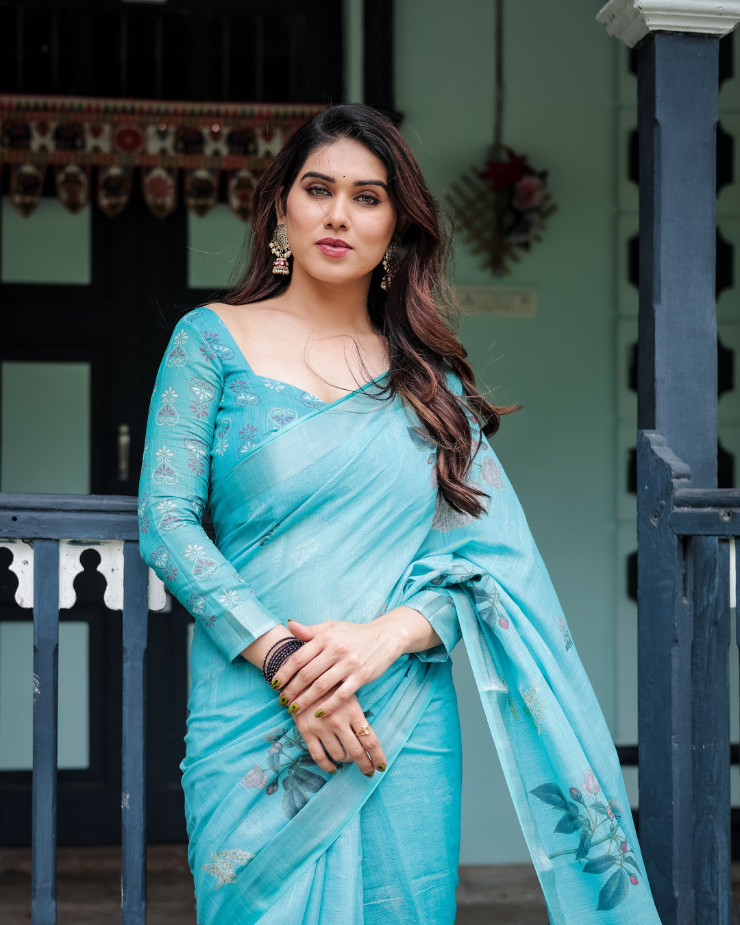 Sky Blue Floral Digital Printed Linen Cotton Saree | Office & Casual Ethnic Wear – JaipurSaaj