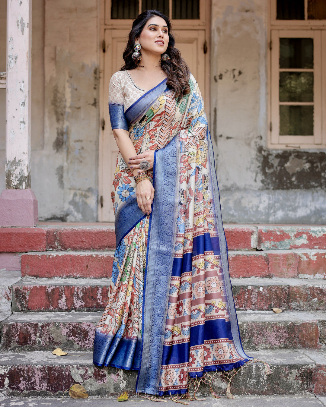 Multi Kalamakari Floral Printed Tussar Silk Saree With Zari Motif Border | Festive Ethnic Wear – JaipurSaaj