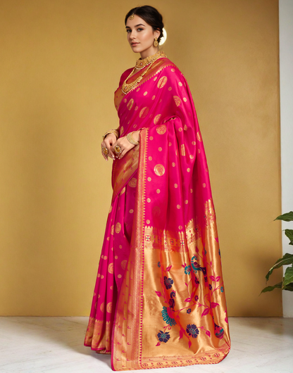Pink Paithani Silk Saree With Zari Weaving Work