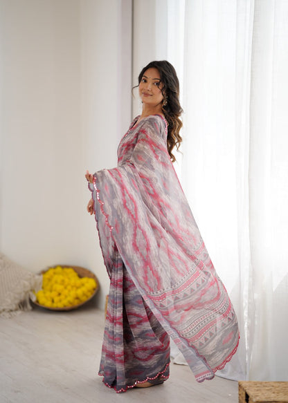 Multi Georgette Saree With Printed And Mirror Work With Arco Border