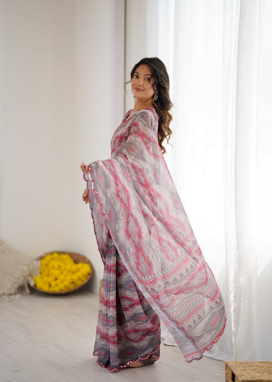 Multi Georgette Saree With Printed And Mirror Work With Arco Border