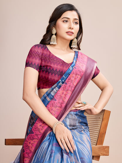 Blue Soft Linen Cotton Saree With Floral Printed Work