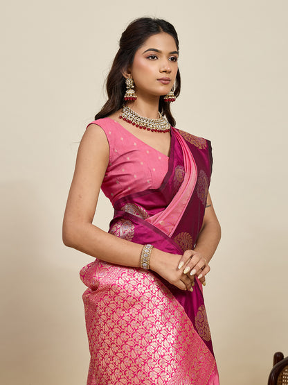 Pink Soft Silk Saree With Silver Banarasi Zari Weaving Work | Festive Wear – JaipurSaaj