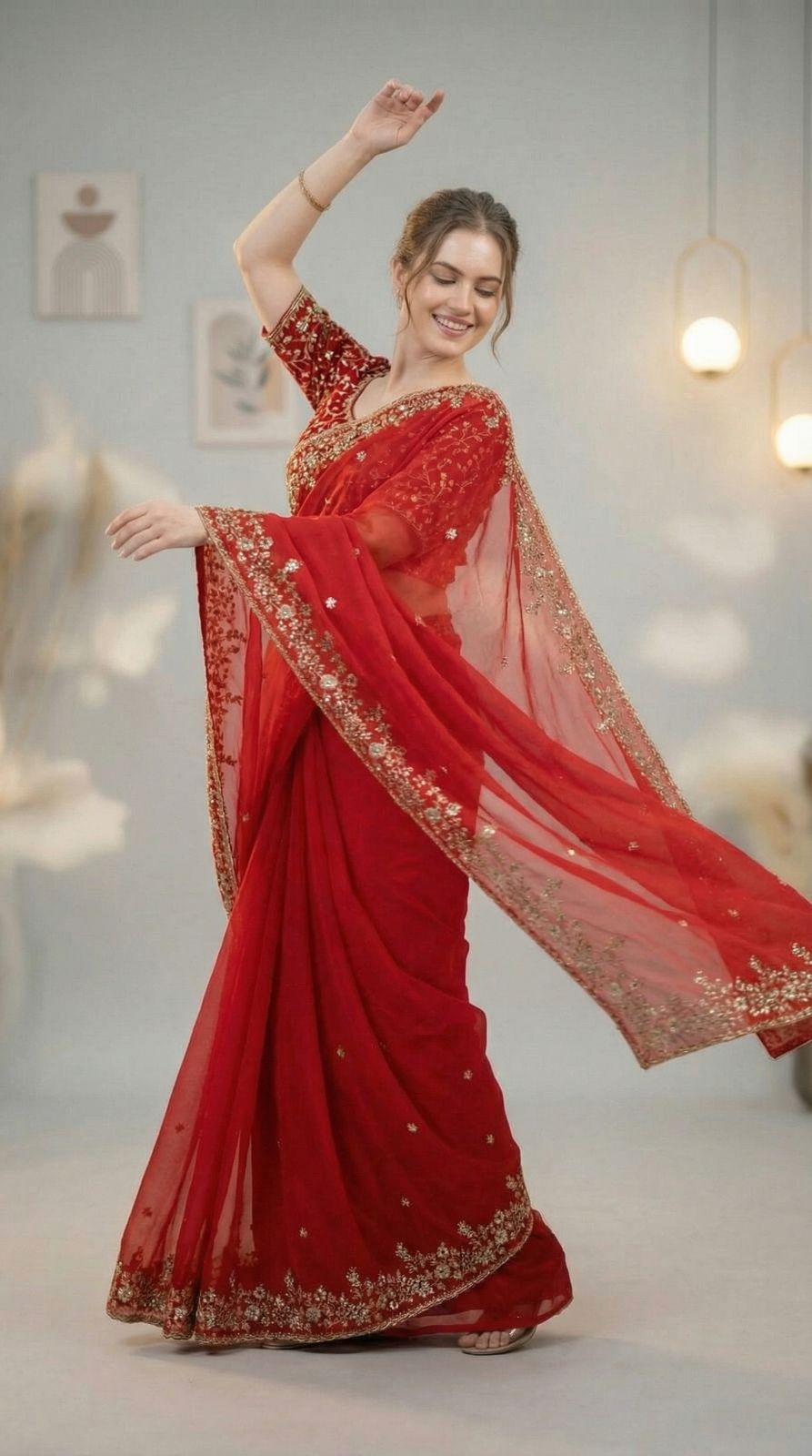 Red Fandy Chiffon Silk Saree With Sequin Work & Cut Work Border | Party & Reception Wear – JaipurSaaj