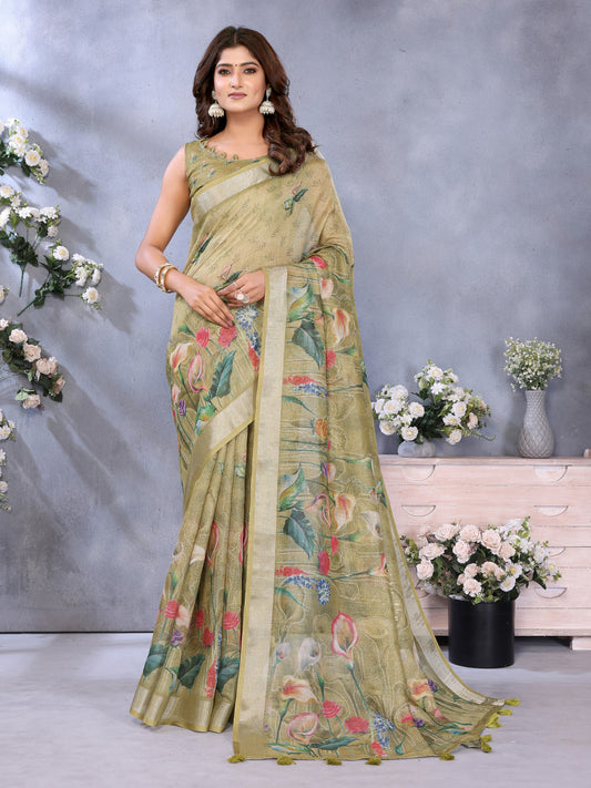 Mahendi Green Linen Cotton Saree With Digital Printed Work And Silver Zari Border