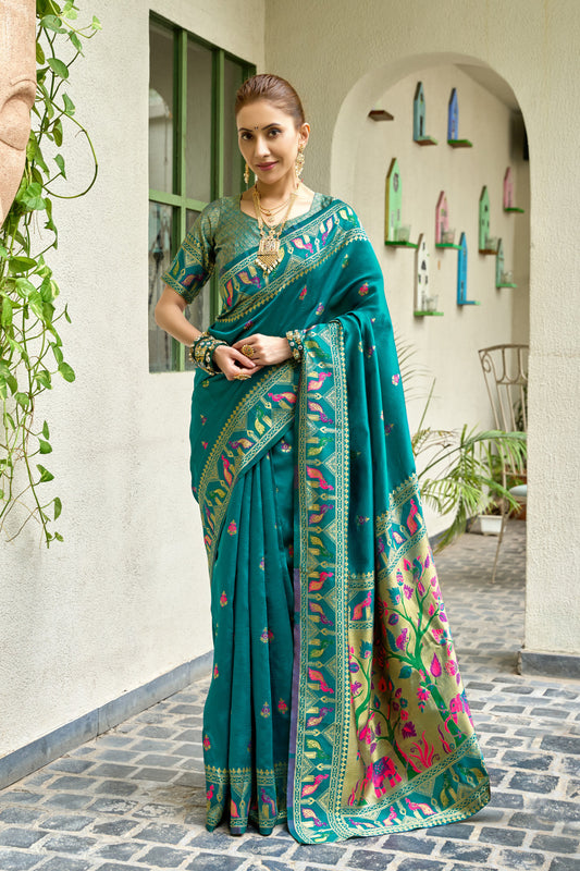 Traditional Rama Green Paithani Silk Saree With Zari Weaving Work