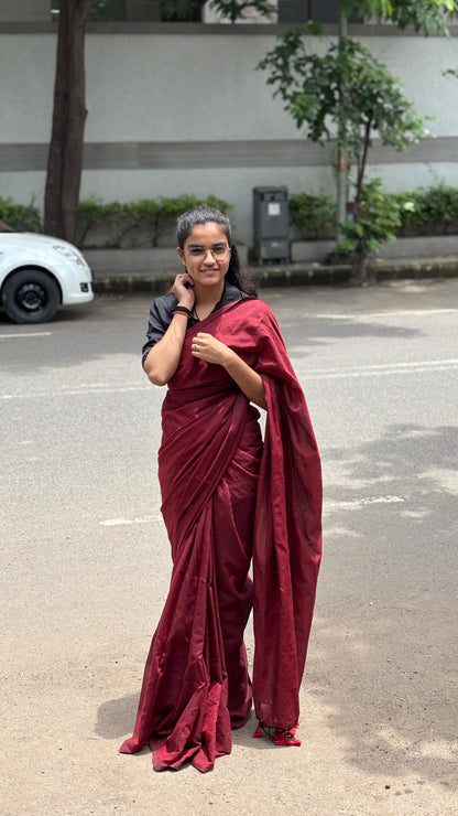 Maroon Plain Khadi Cotton Saree With Fancy Tassel Work