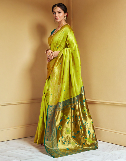 Traditional Parrot Green Paithani Silk Saree With Zari Weaving Work