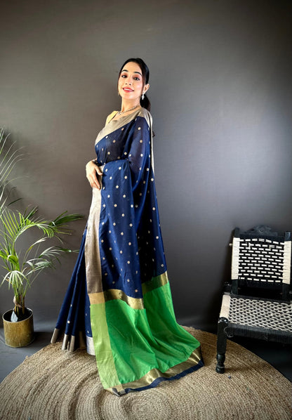 Navy Blue Soft Cotton Silk Saree With Zari Woven Work | Wedding & Party Wear – JaipurSaaj