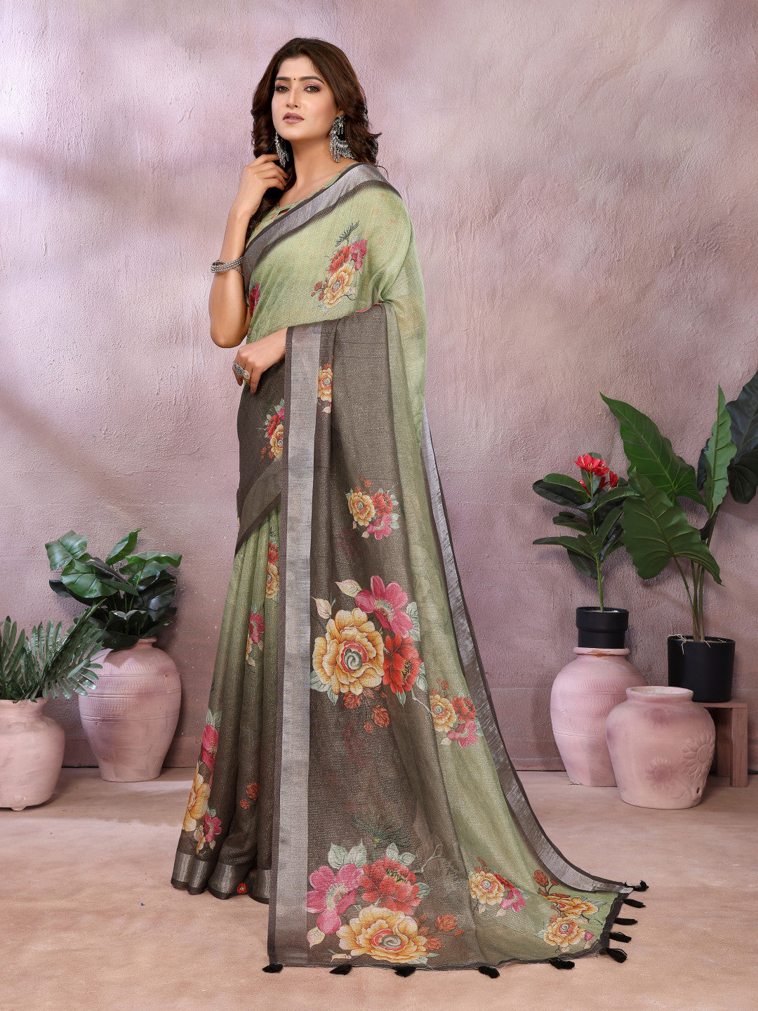 Multi Linen Cotton Saree With Digital Printed Work And Silver Zari Border