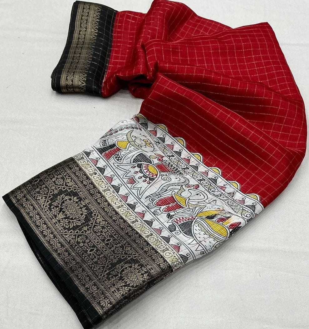 Red Dola Silk Saree With Beautiful Madhubani Printed Pallu Work | Traditional Wedding Wear – JaipurSaaj
