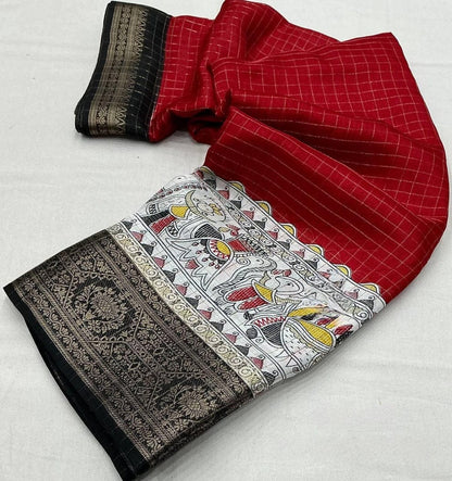 Red Dola Silk Saree With Beautiful Madhubani Printed Pallu Work | Traditional Wedding Wear – JaipurSaaj