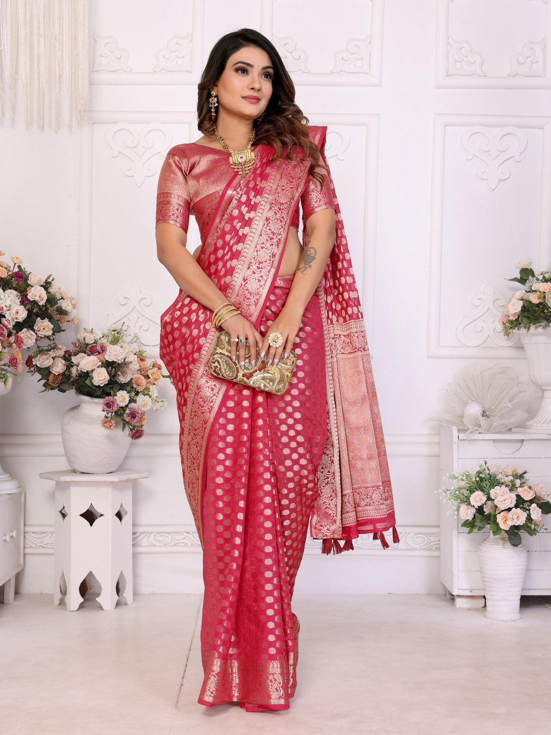 Pink Organza Silk Banarasi Saree With Zari Weaving Work | Bridal Wedding & Festive Wear – JaipurSaaj