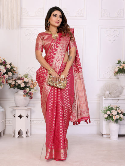 Pink Organza Silk Banarasi Saree With Zari Weaving Work | Bridal Wedding & Festive Wear – JaipurSaaj