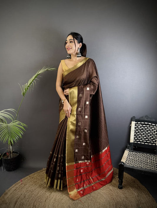 Coffee Soft Cotton Silk Saree With Zari Weaving Work