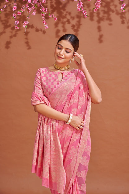 Pink Soft Cotton Saree With Lucknowi Work