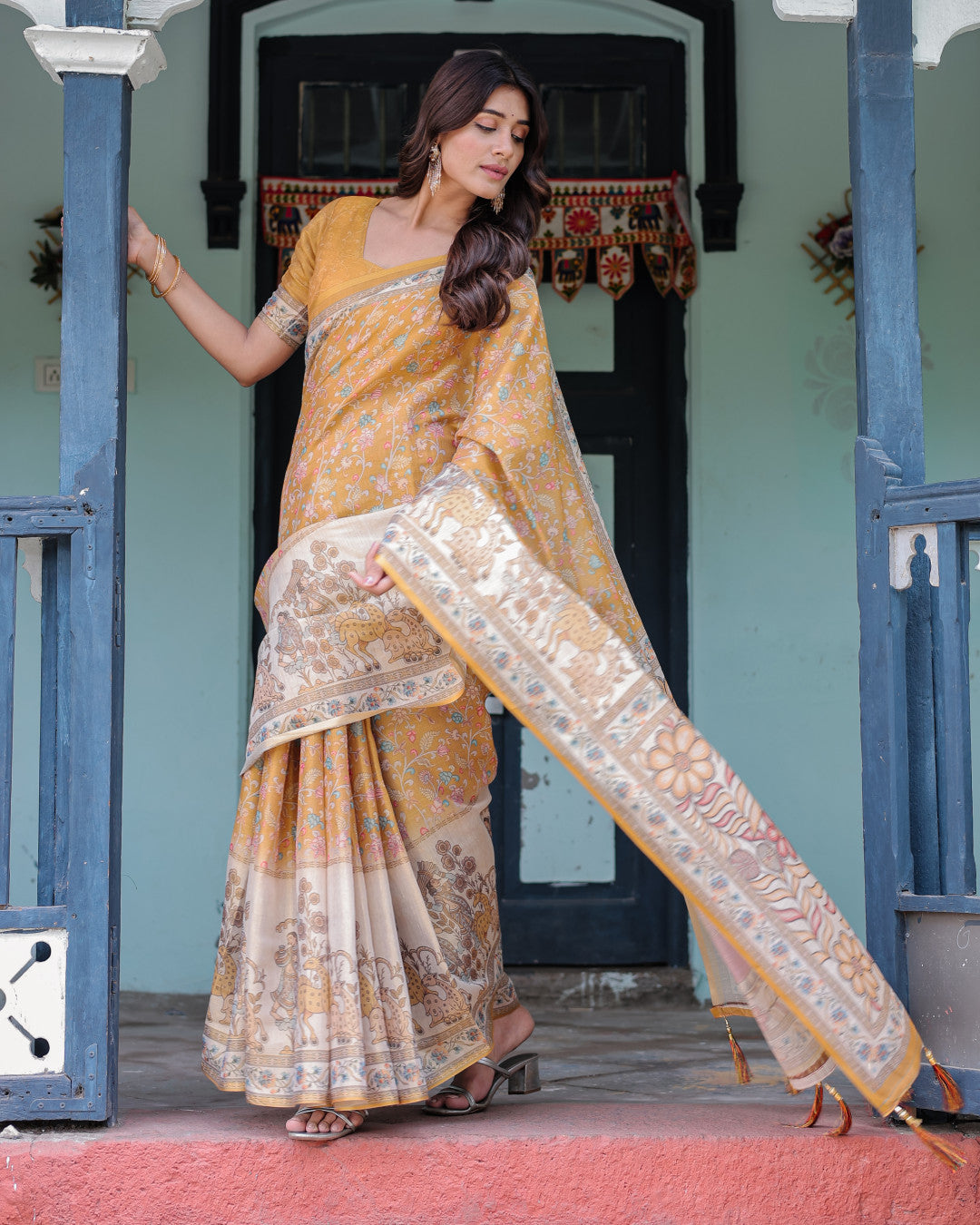 Mustard Yellow Kalamkari Digital Printed Linen Cotton Saree | Summer Casual & Ethnic Wear – JaipurSaaj