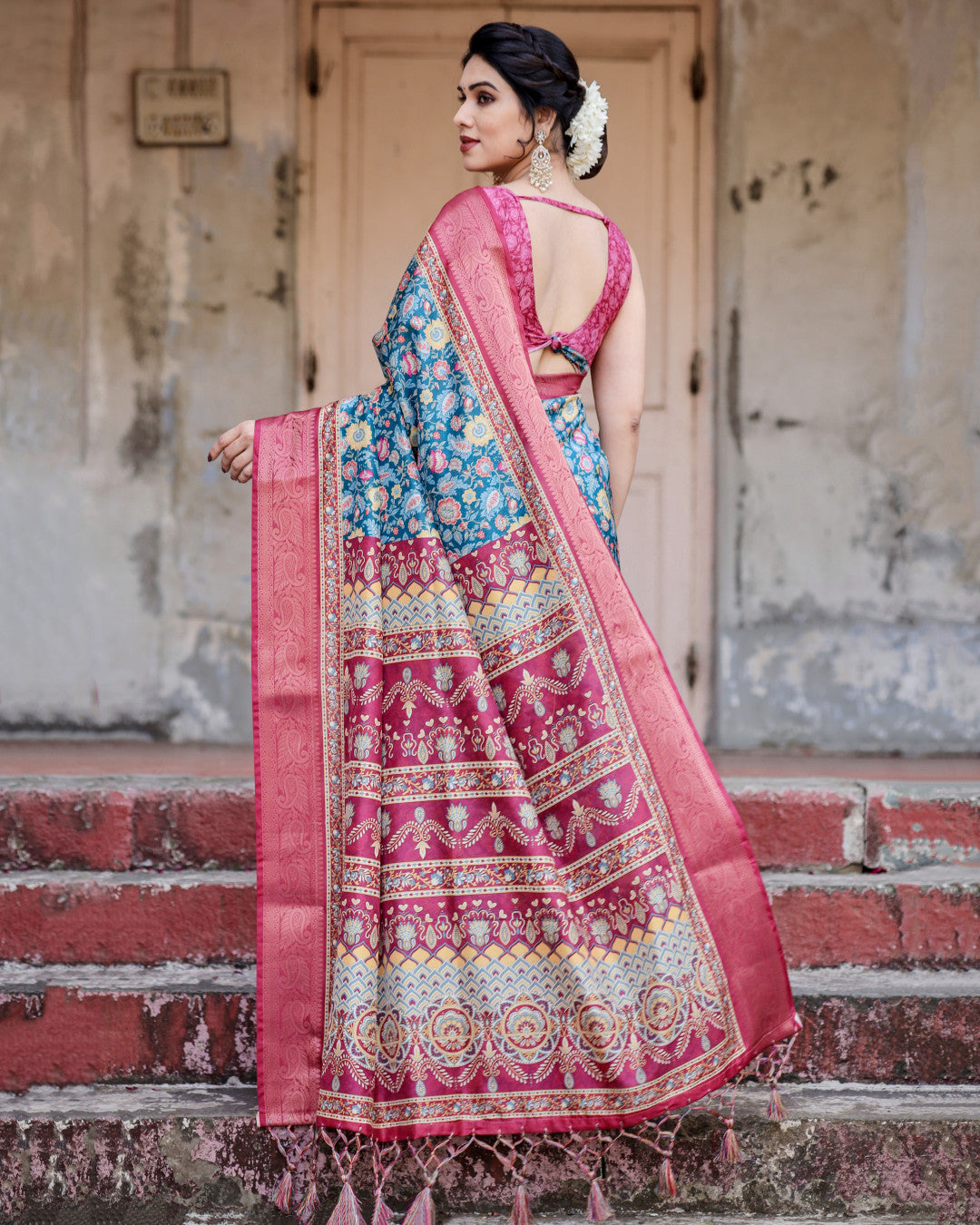 Multi Color Digital Printed Tussar Silk Saree With Zari Motif Border | Traditional Festive Ethnic Wear – JaipurSaaj