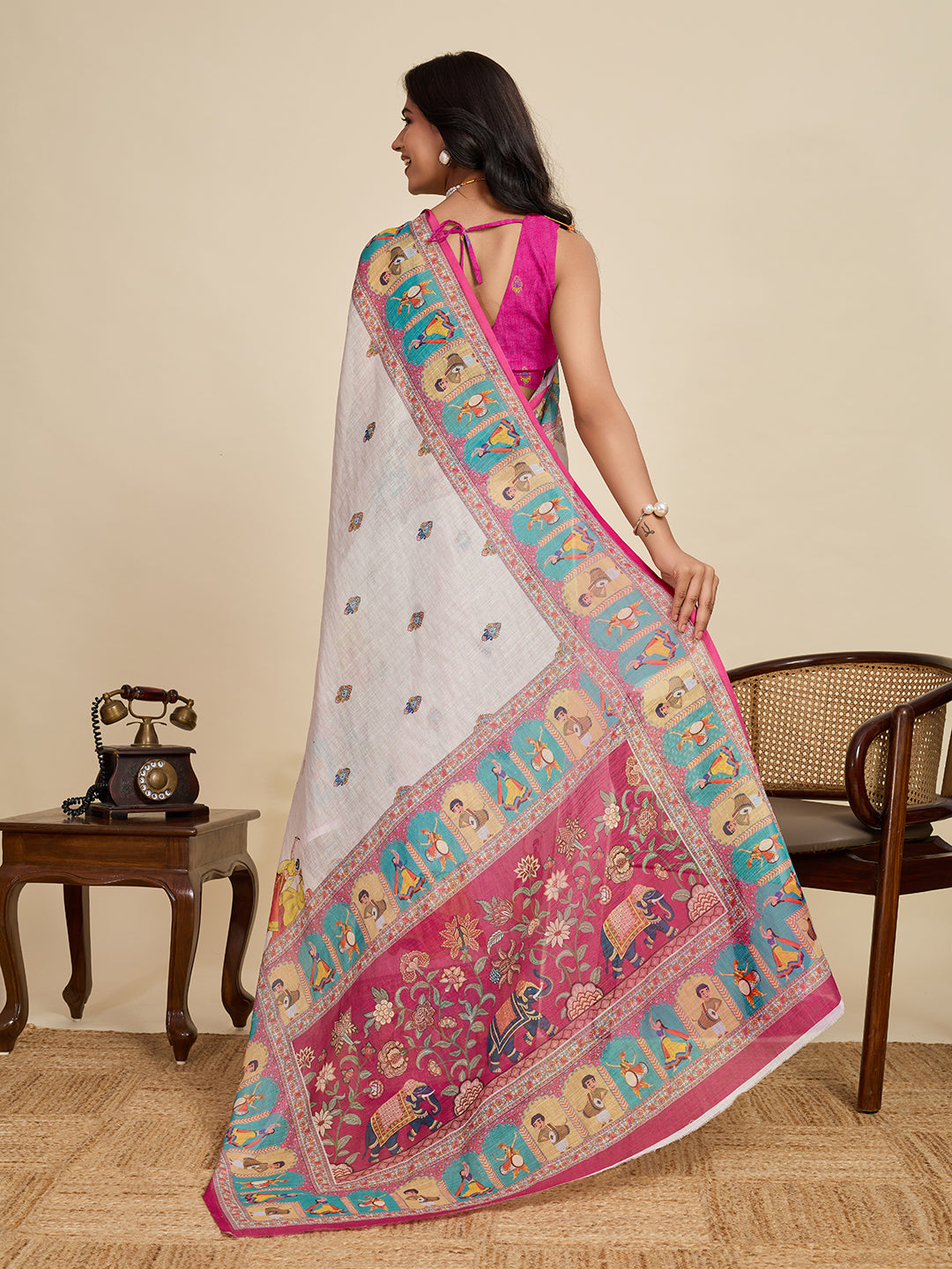 Off White Linen Cotton Saree With Digital Printed Work And Silver Zari Border | Lightweight Festive & Party Wear – JaipurSaaj