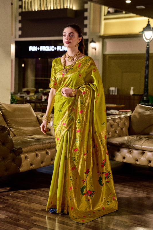 Traditional Parrot Green Paithani Silk Saree With Zari Weaving Work