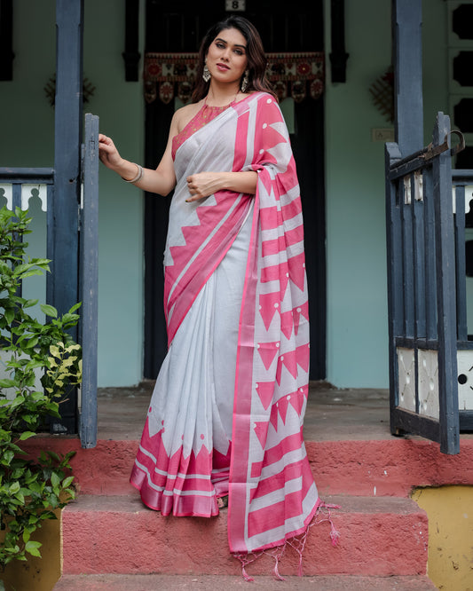 White And Pink Floral Digital Printed Linen Cotton Saree