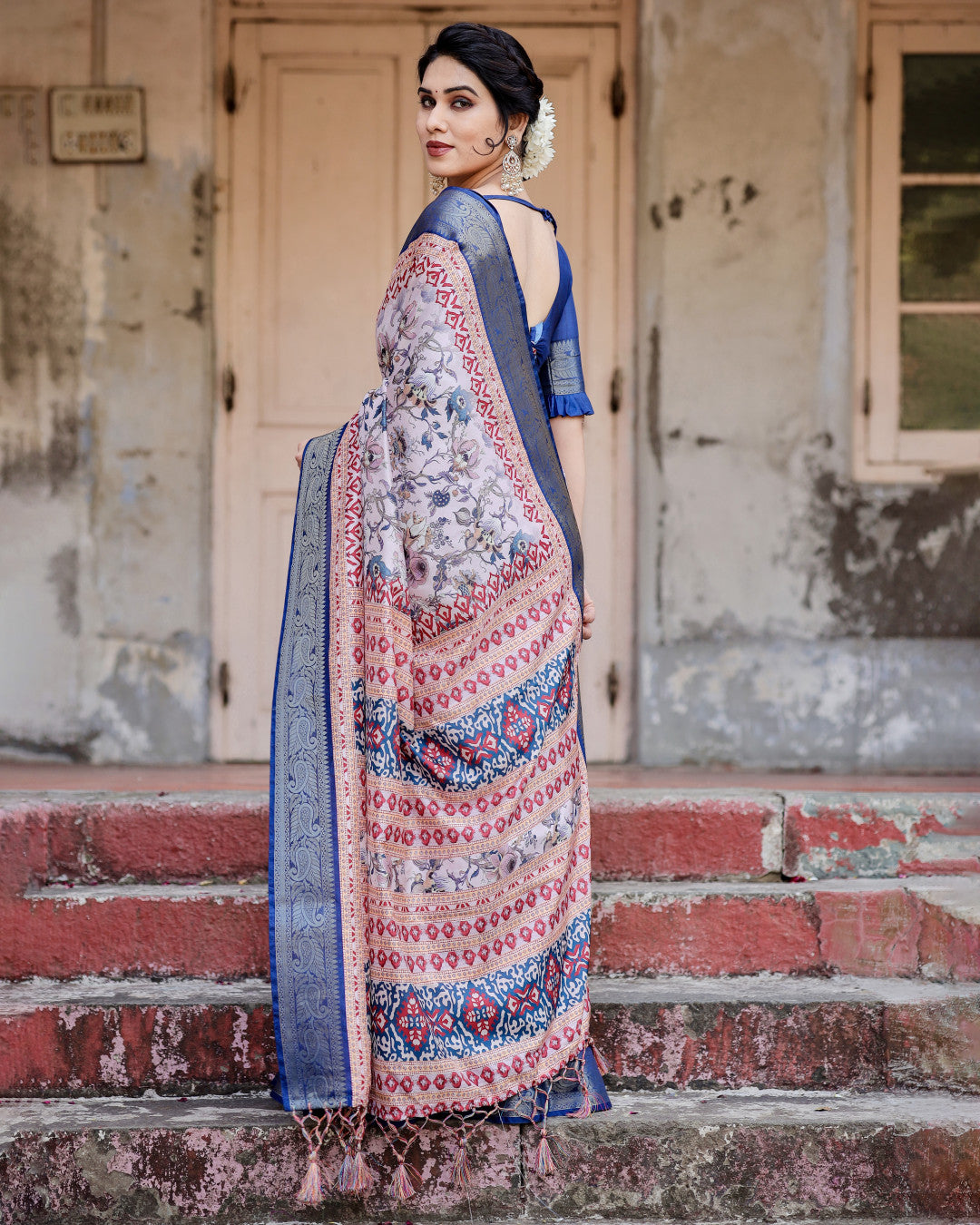 Multi Color Digital Printed Tussar Silk Saree With Zari Motif Border | Traditional Festive Ethnic Wear – JaipurSaaj