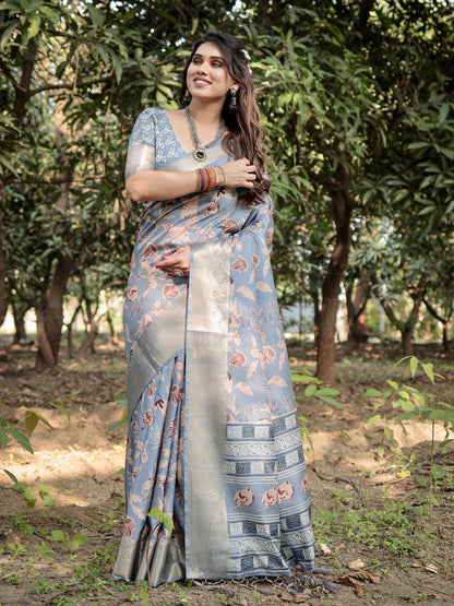 Gray Tussar Silk Saree with Floral Woven Motifs & Zari Border | Traditional Festive Wear – JaipurSaaj