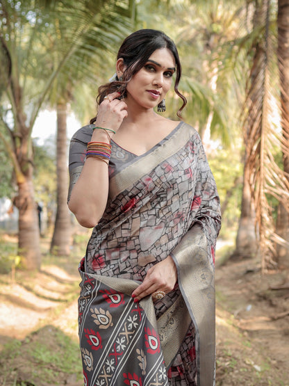 Gray Digital Printed Tussar Silk Saree With Zari Motif Border | Traditional Casual & Festive Wear – JaipurSaaj