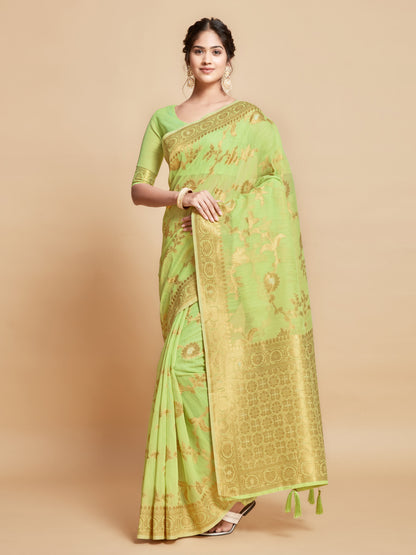Pista Green Soft Linen Silk Saree With Zari Weaving Work | Traditional Wedding & Festive Wear – JaipurSaaj